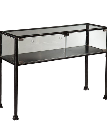 43" Clear and Black Glass Distressed Console Table With Storage