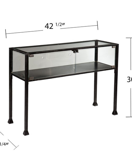 43" Clear and Black Glass Distressed Console Table With Storage