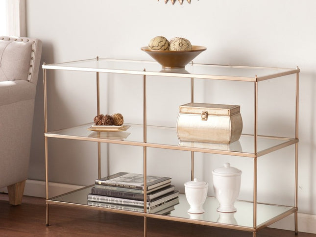 42" Clear and Gold Glass Mirrored Frame Console Table With Shelves