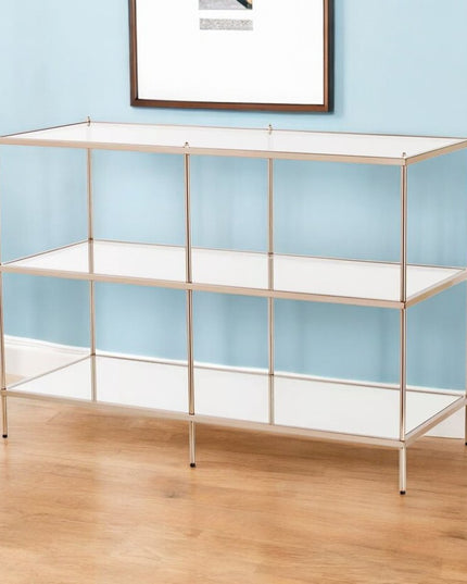 42" Clear and Gold Glass Mirrored Frame Console Table With Shelves