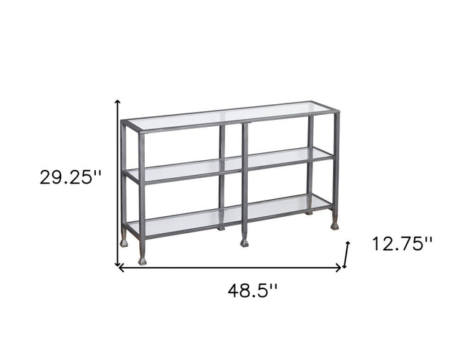 49" Clear and Silver Glass Distressed Frame Console Table With Shelves