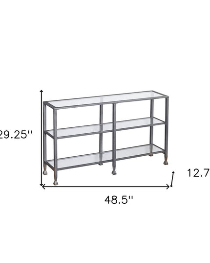 49" Clear and Silver Glass Distressed Frame Console Table With Shelves