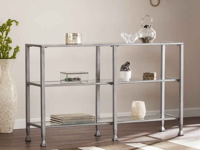 49" Clear and Silver Glass Distressed Frame Console Table With Shelves