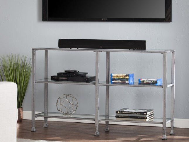 49" Clear and Silver Glass Distressed Frame Console Table With Shelves