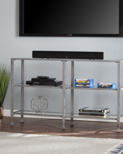 49" Clear and Silver Glass Distressed Frame Console Table With Shelves