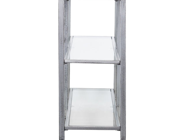 49" Clear and Silver Glass Distressed Frame Console Table With Shelves