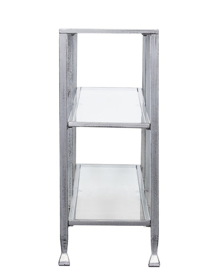 49" Clear and Silver Glass Distressed Frame Console Table With Shelves