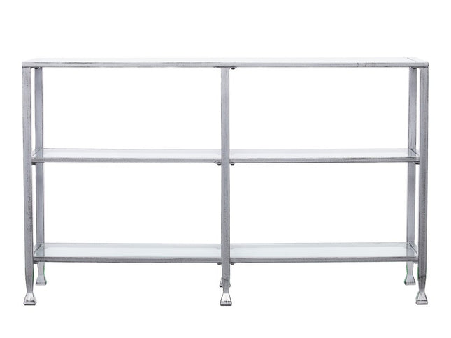 49" Clear and Silver Glass Distressed Frame Console Table With Shelves