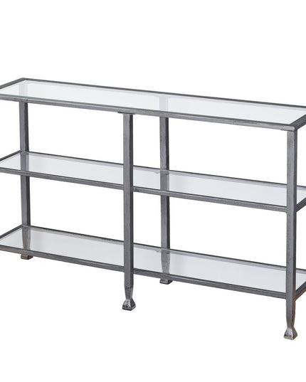 49" Clear and Silver Glass Distressed Frame Console Table With Shelves