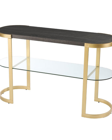 49" Gray and Gold Solid Wood Oval Sled Console Table With Storage