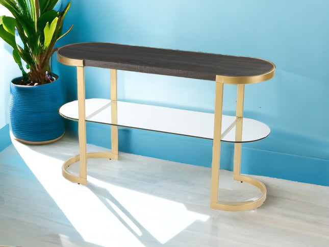 49" Gray and Gold Solid Wood Oval Sled Console Table With Storage