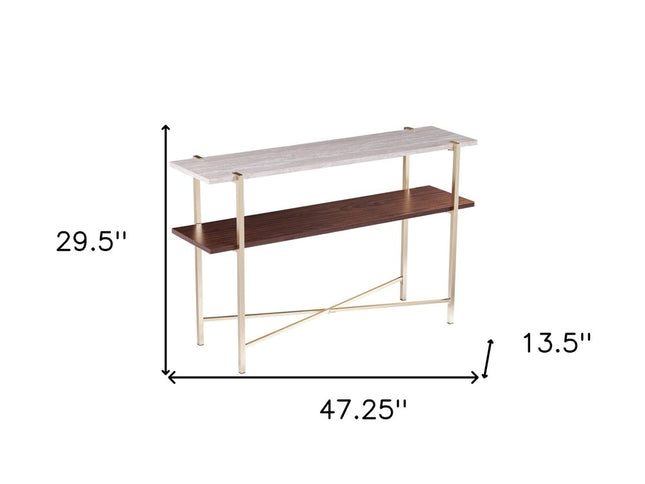 47" White Brass and Brown Faux Marble Console Table With Shelf