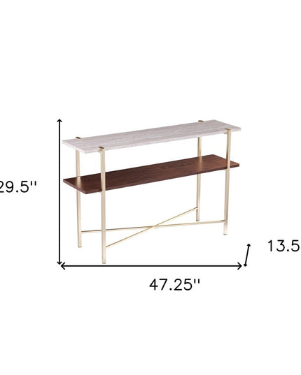 47" White Brass and Brown Faux Marble Console Table With Shelf