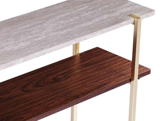 47" White Brass and Brown Faux Marble Console Table With Shelf