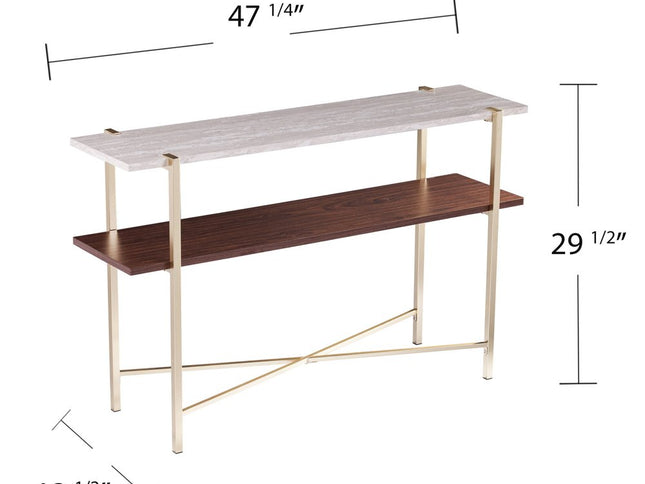 47" White Brass and Brown Faux Marble Console Table With Shelf
