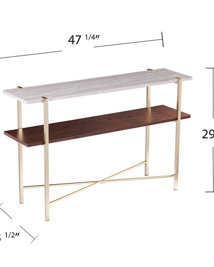 47" White Brass and Brown Faux Marble Console Table With Shelf