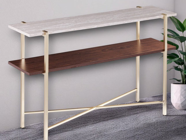 47" White Brass and Brown Faux Marble Console Table With Shelf