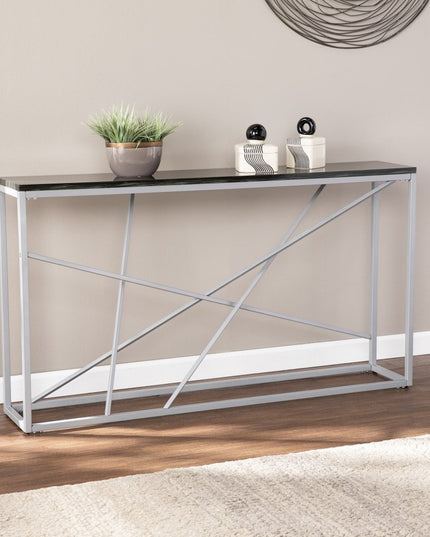 52" Black and Silver Faux Stone Frame Console Table