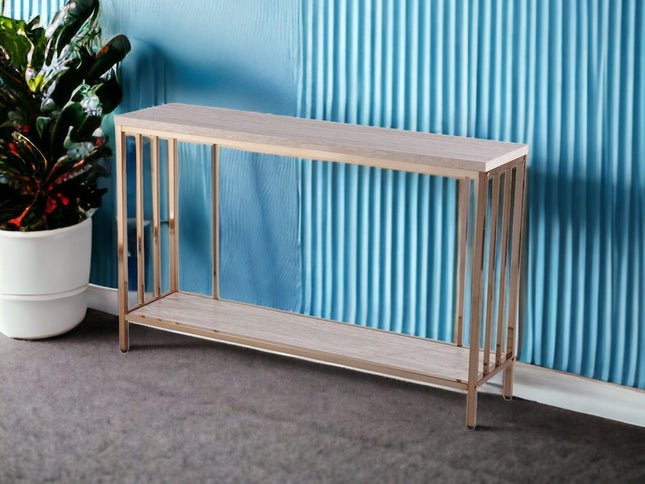 48" Champagne and Gold Faux Stone Floor Shelf Console Table With Storage