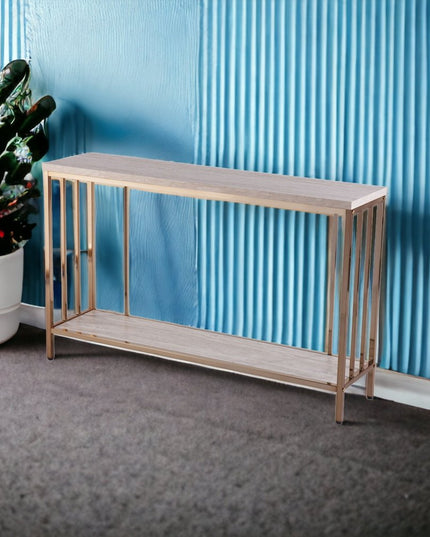 48" Champagne and Gold Faux Stone Floor Shelf Console Table With Storage