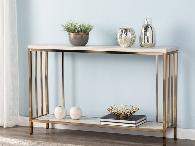 48" Champagne and Gold Faux Stone Floor Shelf Console Table With Storage