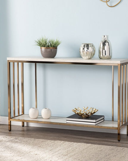 48" Champagne and Gold Faux Stone Floor Shelf Console Table With Storage
