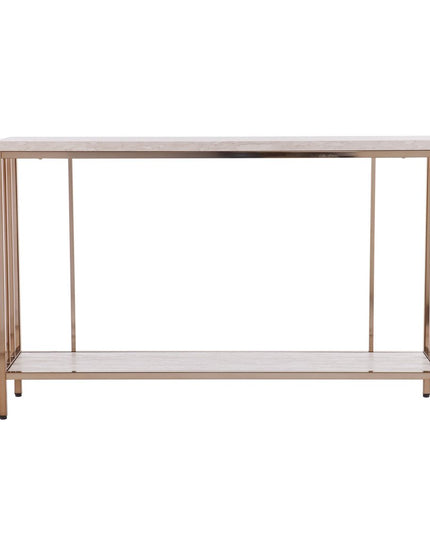 48" Champagne and Gold Faux Stone Floor Shelf Console Table With Storage