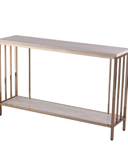 48" Champagne and Gold Faux Stone Floor Shelf Console Table With Storage