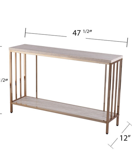 48" Champagne and Gold Faux Stone Floor Shelf Console Table With Storage