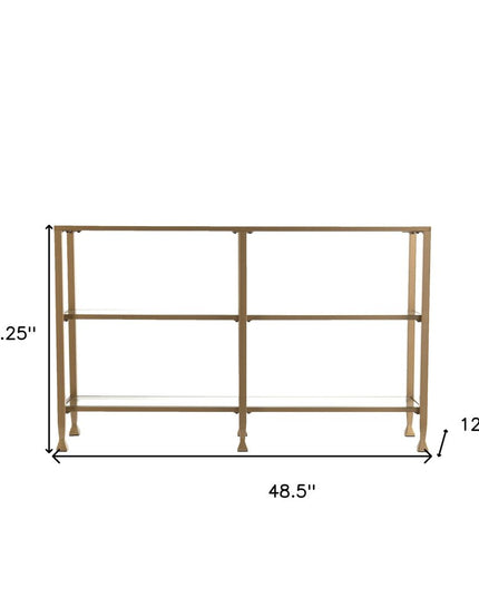49" Clear and Gold Glass Floor Shelf Console Table With Storage