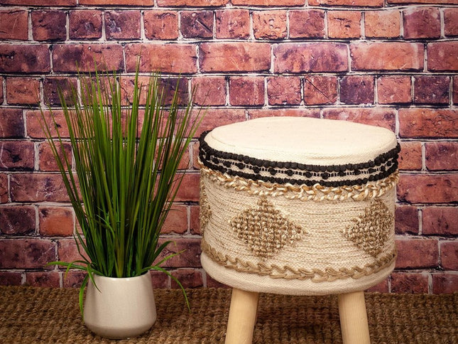 16" Beige Jute And Brown Round Abstract Ottoman