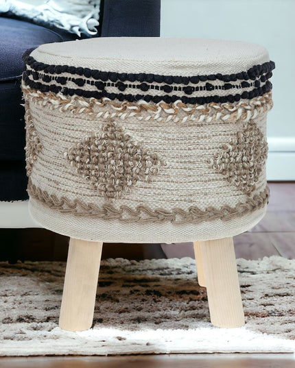 16" Beige Jute And Brown Round Abstract Ottoman