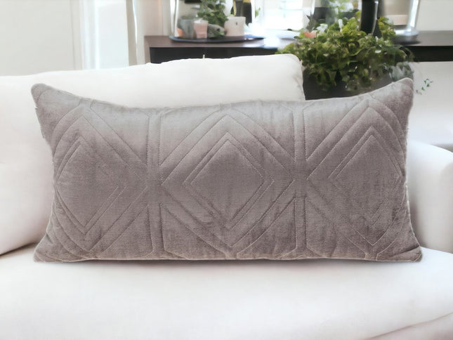 Taupe Quilted Diamonds Velvet Solid Color Lumbar Pillow