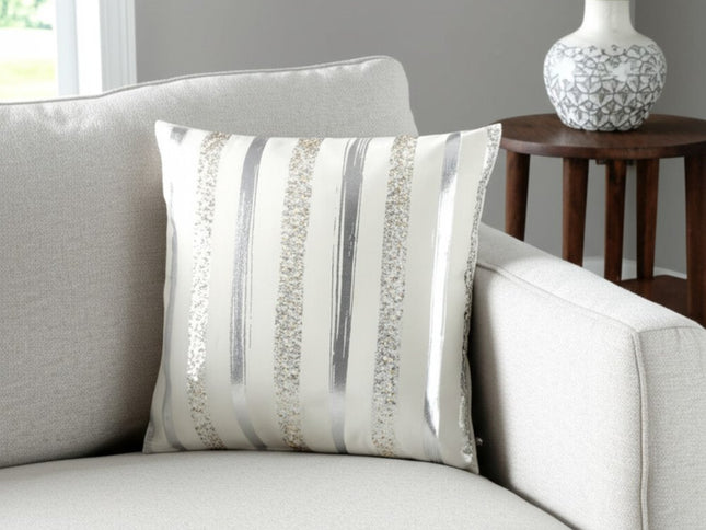 Silver and Gold Glam Stripe Beaded Throw Pillow