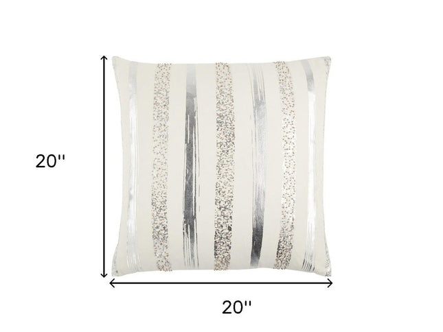 Silver and Gold Glam Stripe Beaded Throw Pillow