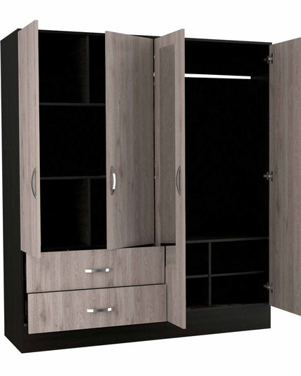 71" Light Oak and Black Four Door Wardrobe Closet with Mirrors