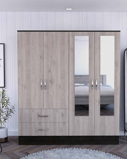 71" Light Oak and Black Four Door Wardrobe Closet with Mirrors