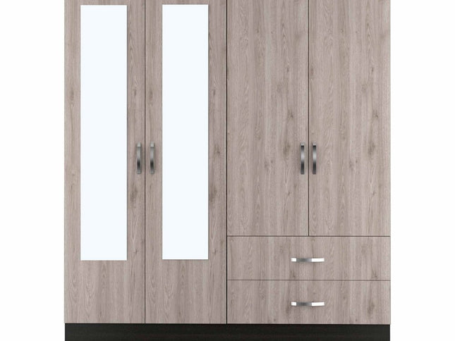 71" Light Oak and Black Four Door Wardrobe Closet with Mirrors