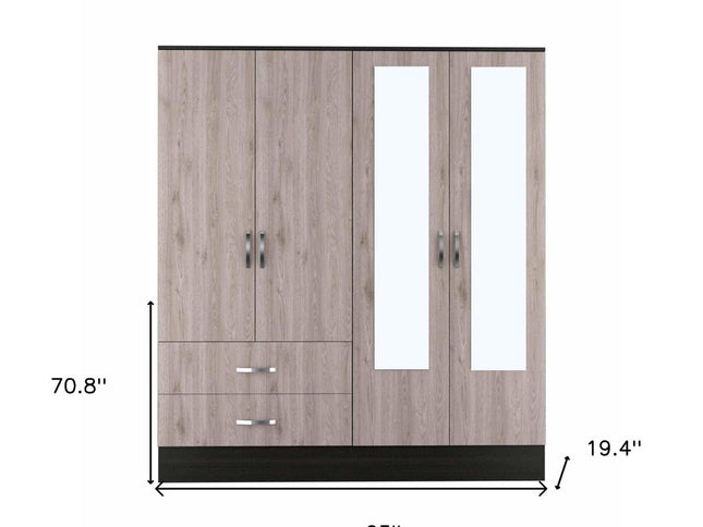 71" Light Oak and Black Four Door Wardrobe Closet with Mirrors