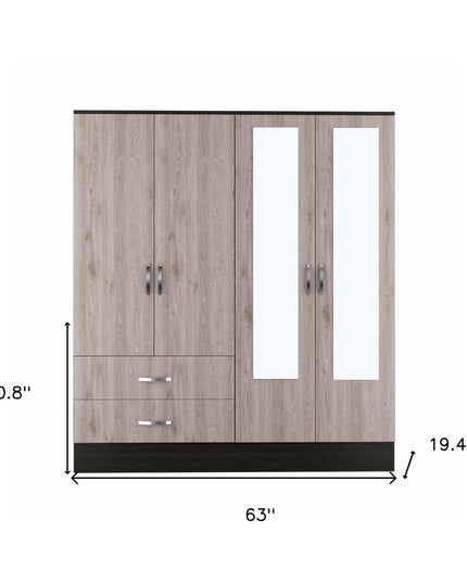 71" Light Oak and Black Four Door Wardrobe Closet with Mirrors
