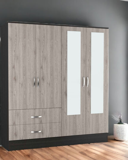 71" Light Oak and Black Four Door Wardrobe Closet with Mirrors