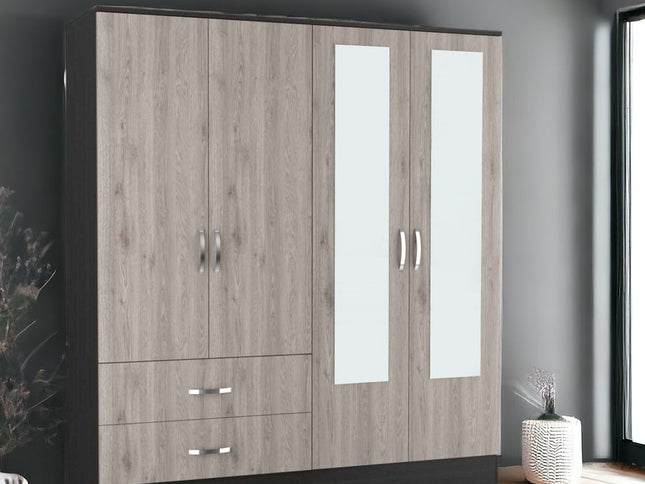 71" Light Oak and Black Four Door Wardrobe Closet with Mirrors