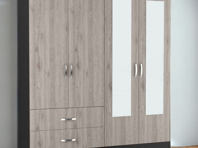 71" Light Oak and Black Four Door Wardrobe Closet with Mirrors