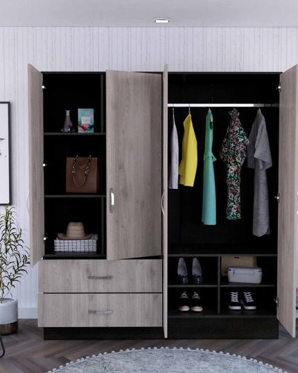 71" Light Oak and Black Four Door Wardrobe Closet with Mirrors