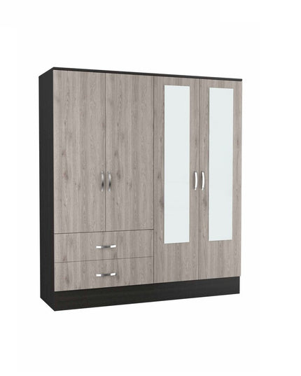 71" Light Oak and Black Four Door Wardrobe Closet with Mirrors