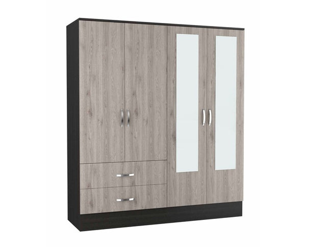 71" Light Oak and Black Four Door Wardrobe Closet with Mirrors