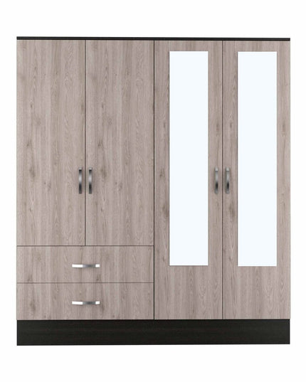 71" Light Oak and Black Four Door Wardrobe Closet with Mirrors