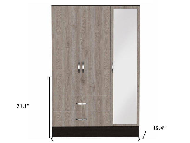 71" Brown and Black Mirrored Two Drawer Combo Dresser