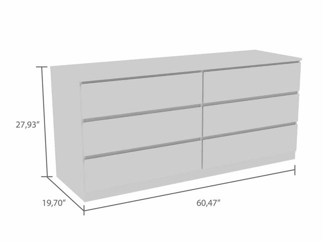 60" White Six Drawer Double Dresser