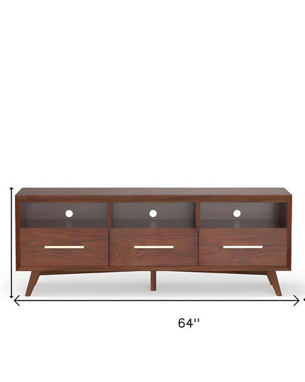 64" Brown Mahogany Solid Wood Open Shelving TV Stand